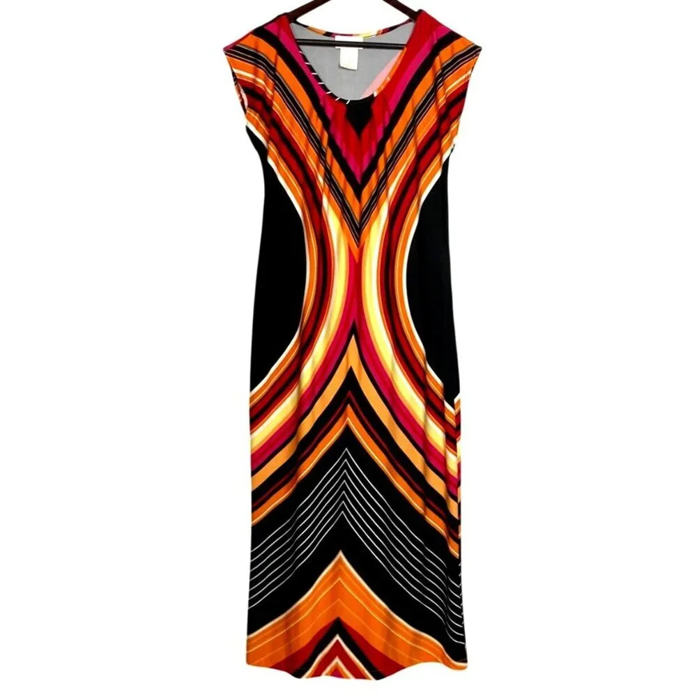 Olivia Matthews Maxi Dress Black & Vibrant Print Sleeveless Stretchy Sz Lg - Picture 1 of 7
